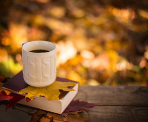 Naklejka na ściany i meble Hot coffee and red book with autumn leaves on wood background - seasonal relax concept 