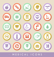 Set of Medical Icons on Circular Colored Buttons. Vector Isolated Elements.