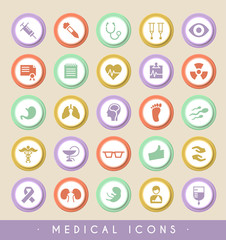 Set of Medical Icons on Circular Colored Buttons. Vector Isolated Elements.