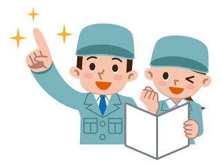 指差す男性作業員と女性作業員