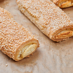 Homemade appetizers with cheese fillings. Cakes sprinkled with s