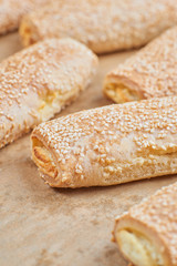 Homemade appetizers with cheese fillings. Cakes sprinkled with s