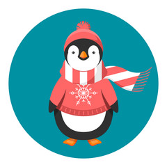 Penguin in sweater, hat and scarf