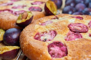 Home made plum buns on a wooden table