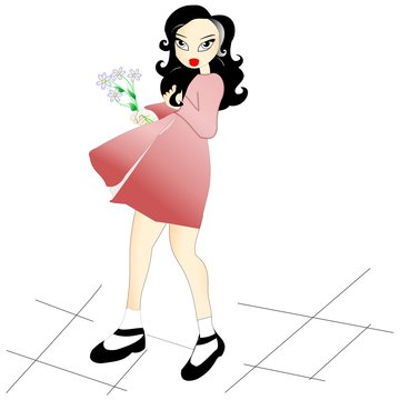 girl holding flowers, pink dress, black shoes clip art preview