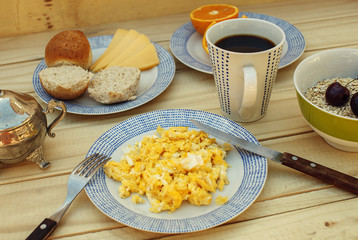 Breakfast on the wooden table