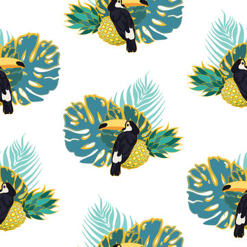 toucans endless pattern with palm leaves on white background