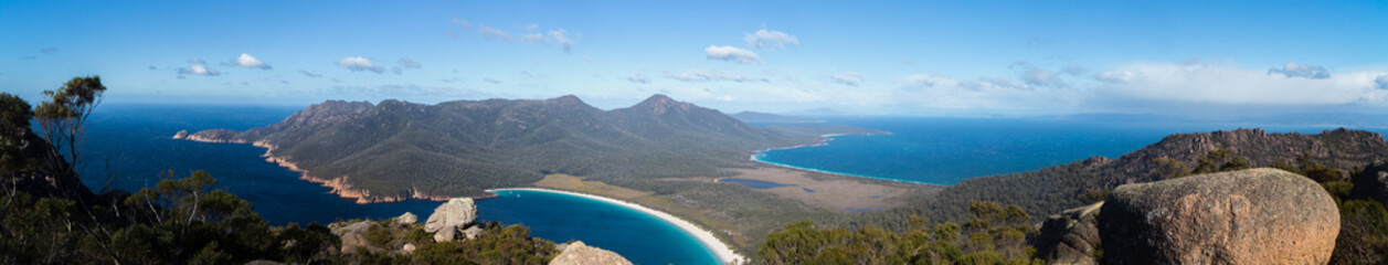 Freycinet Peninsula. Panorama of Tasmanian East coast looking towards Wineglass Bay from top of Mt...
