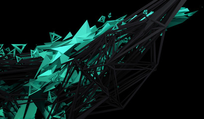Abstract 3d rendering of chaotic plexus surface. Contemporary background with futuristic polygonal shape. Distorted low poly object with sharp lines.