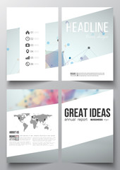 Set of business templates for brochure, magazine, flyer, booklet or annual report. Molecular construction with connected lines and dots, scientific pattern on colorful polygonal background