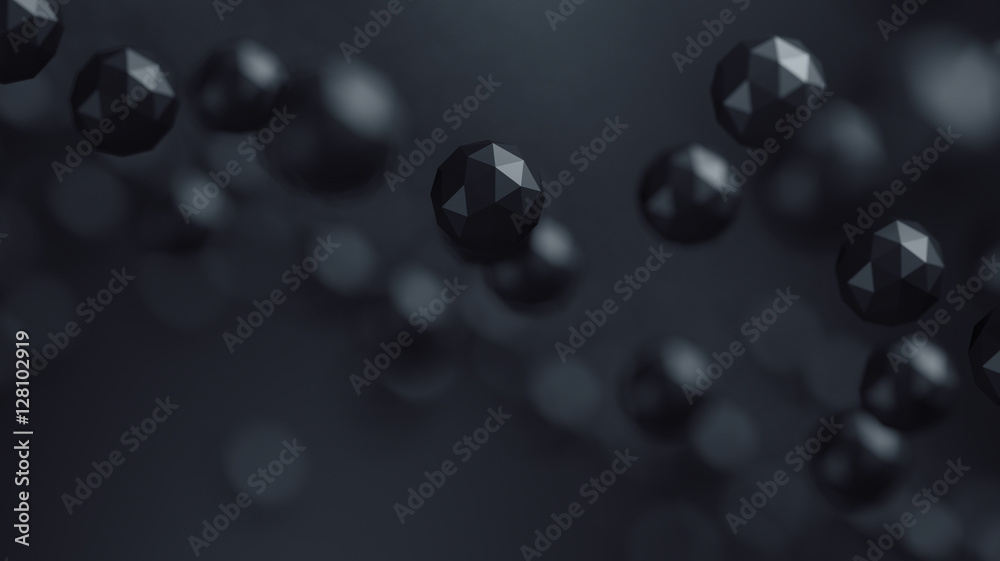 Poster abstract 3d rendering of chaotic low poly particles. flying polygonal spheres in empty space. futuri