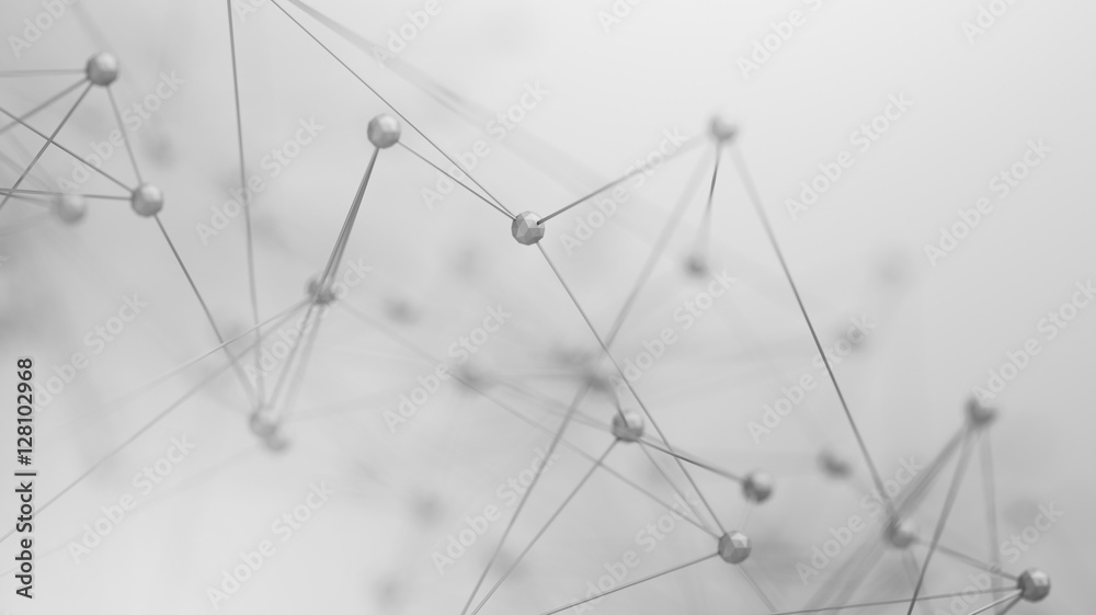 Poster abstract 3d rendering of chaotic structure. plexus background with lines and polygonal spheres in em