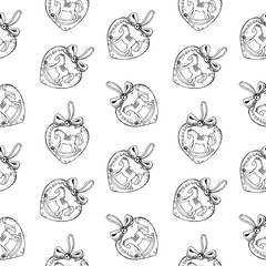 Seamless pattern of vintage hand drawn heart balls and horse toys. Christmas and New Year design elements