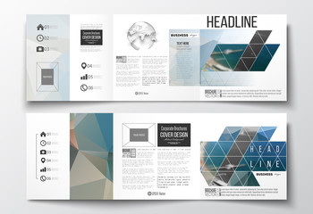 Set of tri-fold brochures, square design templates. Colorful polygonal backdrop, blurred background, sea landscape, modern triangle vector texture.