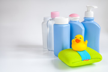 baby organic cosmetic for bath on white bakground