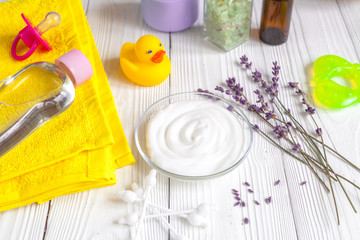 set baby care for bathroom on wooden background