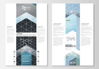 Blog graphic business templates. Page website design template, easy editable abstract vector layout. Chemistry pattern, hexagonal molecule structure. Medicine, science and technology concept.