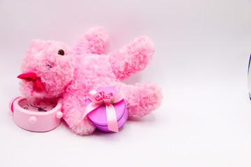 Pink bear with pink gift box on white background, idea for wedding, gift for lover