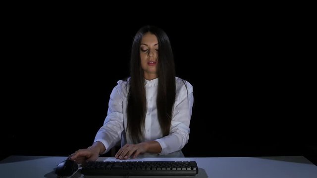 Girl scared of watching videos on the internet. Emotions. Studio