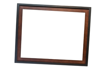 Wooden and black picture frame on an angle, isolated on white