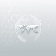 Obraz premium World map, connecting lines and dots on gray color background. Chemistry pattern, hexagonal molecule structure, scientific DNA research. Medicine, science concept. Abstract design vector decoration.