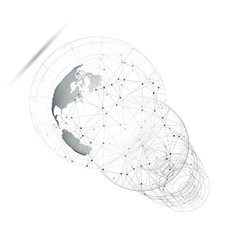 Dotted world globe with abstract construction, connecting lines and dots, molecules on white background. Molecule structure. Medicine, science, technology concept. Vector design