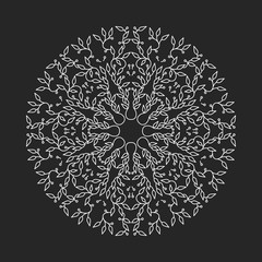 Abstract white color logo design, isolated template on black background. Circle made emblem with leaves. Spa concept monogram in linear style. Vector decoration for fashion, cosmetics, beauty industry