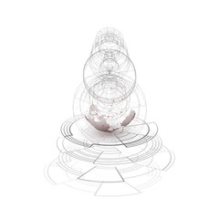 Dotted world globe, connecting lines, abstract construction, space station, orbit isolated on white. Futuristic high tech HUD background. Scientific vector design. Science, technology concept.