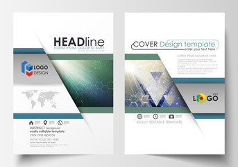 Business templates for brochure, magazine, flyer, booklet, report. Cover design template, vector layout, A4. Chemistry pattern, hexagonal molecule structure. Medicine, science, technology concept.