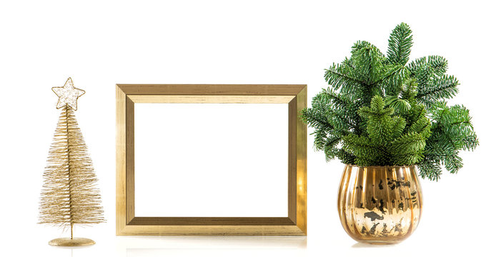 Golden picture frame decoration christmas tree branches