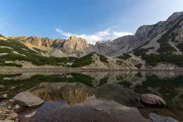Naklejka na ściany i meble Amazing panorama around Sinanitsa peak and reflectionin the lake, Pirin Mountain, Bulgaria