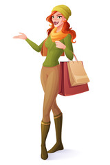 Vector beautiful redhead woman standing with shopping bags and presenting.