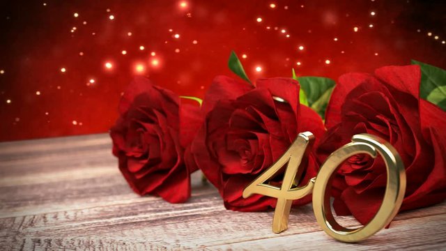 seamless loop birthday background with red roses on wooden desk. fortieth birthday. 40th. 3D render