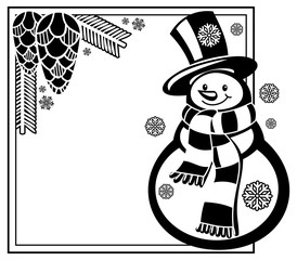Black and white frame with funny snowman  and pine cones 