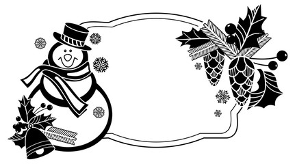 Black and white frame with funny snowman, holly berries and pine cones