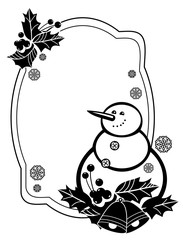 Black and white frame with funny snowman and holly berries