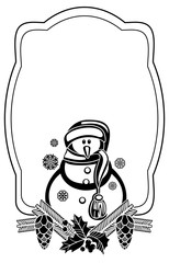 Black and white frame with funny snowman, holly berries and pine cones