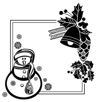 Black and white frame with funny snowman, holly berries and pine cones