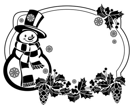 Black and white frame with funny snowman, holly berries and pine cones