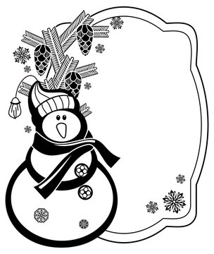 Black and white frame with funny snowman and pine cones 