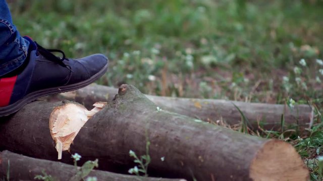 woodcutter chopping wood ax after dusts 4k