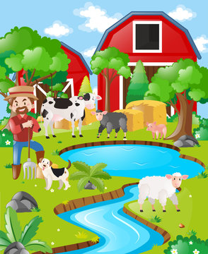 Farm scene with farmer and barn