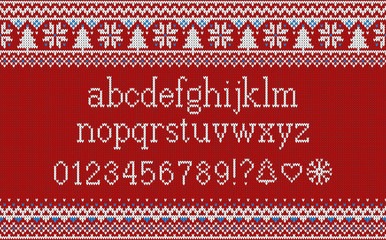 Christmas font. Knitted latin alphabet on seamless knitted pattern with snowflakes and fir. Nordic fair isle knitting, winter holiday sweater design. Vector Illustration.