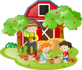Obraz na płótnie Canvas Farm scene with children and farmer planting trees