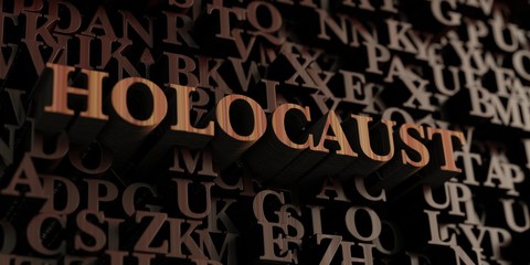 Holocaust - Wooden 3D rendered letters/message.  Can be used for an online banner ad or a print postcard.