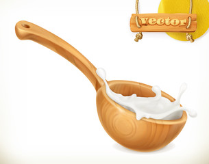 Wooden spoon. Milk. Rustic style. Natural dairy products. 3d vector icon