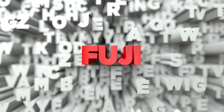 FUJI -  Red text on typography background - 3D rendered royalty free stock image. This image can be used for an online website banner ad or a print postcard.