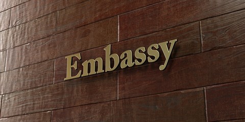 Embassy - Bronze plaque mounted on maple wood wall  - 3D rendered royalty free stock picture. This image can be used for an online website banner ad or a print postcard.