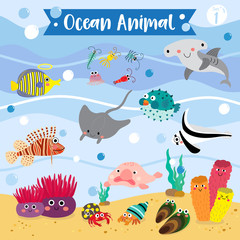 Ocean Animal cartoon underwater background. Blowfish. Hammerhead Shark. Hermit Crab. Sponge. Lionfish. Jackknife Fish. Blobfish. Angelfish. Manta Ray. Mussel. Zooplankton. Vector illustration. Set 1.