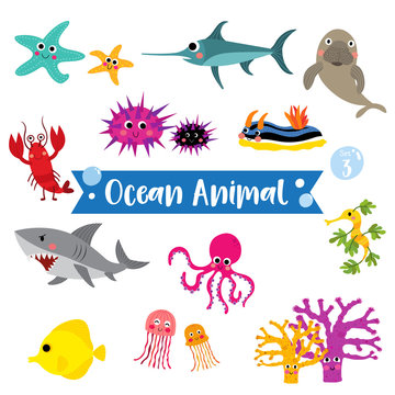 Ocean Animal cartoon on white background.  Lobster. Starfish. Octopus. Shark. Jellyfish. Coral. Tang. Sea Dragon. Urchin. Swordfish. Nudibranch. Dugong. Vector illustration. Set 3.